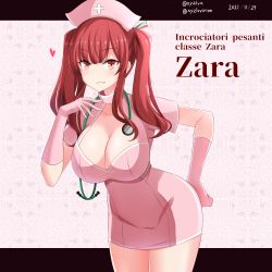 Rule 34 | 1girl, absurdres, azur lane, breasts, character name, choker, cleavage, dated, dress, gloves, hand on own hip, hat, heart, hebitsukai-san, highres, large breasts, leaning forward, long hair, looking at viewer, nurse, nurse cap, parted lips, pink choker, pink dress, pink gloves, short dress, short sleeves, sidelocks, solo, stethoscope, twintails, twitter username, zara (azur lane)