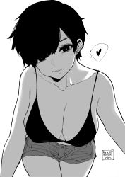 Rule 34 | 1girl, absurdres, bang (gesture), breasts, cleavage, collarbone, finger gun, greyscale, heart, highres, large breasts, leaning forward, monochrome, norman maggot, olive laurentia, original, parted bangs, parted lips, pixie cut, short hair, short shorts, shorts, thighs