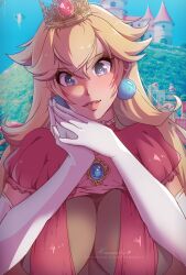Rule 34 | 1girl, artist name, blonde hair, blurry, blurry background, breasts, castle, commentary, crown, earrings, elbow gloves, eyelashes, glint, gloves, grey eyes, hair between eyes, himmely, jewelry, large breasts, long hair, mario (series), nintendo, own hands together, parted lips, patreon username, pink lips, princess peach, princess peach&#039;s castle, puffy sleeves, short sleeves, solo, teeth, the super mario bros. movie, upper body, white gloves