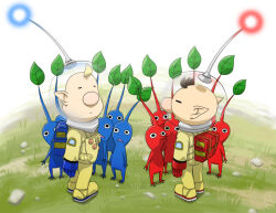 Rule 34 | 2boys, backpack, bag, big nose, black eyes, blonde hair, blue bag, blue gloves, blue light, blue pikmin, blue skin, brown hair, closed eyes, closed mouth, colored skin, commentary request, from behind, full body, gloves, grass, helmet, leaf, light frown, louie (pikmin), male focus, multiple boys, naru (wish field), nintendo, no mouth, olimar, patch, pikmin (creature), pikmin (series), pointy ears, pointy nose, radio antenna, red bag, red gloves, red light, red pikmin, red skin, short hair, space helmet, spacesuit, triangle mouth, very short hair, white background