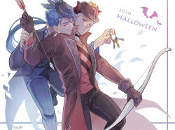 Rule 34 | 2boys, alternate costume, archer (fate), arrow (projectile), blue hair, bow (weapon), brown eyes, chest harness, cu chulainn (fate), dark skin, dark-skinned male, demon horns, earrings, english text, fate/stay night, fate (series), feet out of frame, halloween, halloween costume, happy halloween, harness, head on another&#039;s shoulder, horns, jewelry, key, cu chulainn (fate/stay night), long sleeves, male focus, multiple boys, ponytail, red eyes, red headwear, ro (pixiv34009774), weapon, white hair