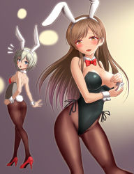 Rule 34 | 10s, 2girls, anastasia (idolmaster), animal ears, ass, black leotard, blue eyes, blush, bow, bowtie, breast hold, breasts, brown eyes, brown hair, brown legwear, covering privates, covering breasts, detached collar, fake animal ears, high heels, highres, idolmaster, idolmaster cinderella girls, leotard, long hair, looking at viewer, multiple girls, nitta minami, one breast out, open mouth, pantyhose, playboy bunny, rabbit ears, rabbit tail, red footwear, red leotard, short hair, silver hair, smile, strapless, strapless leotard, tail, taka (takahirokun), thong leotard, tray, wrist cuffs