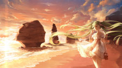 Rule 34 | 1girl, 3000 xiao chun, beach, cloud, commentary request, dress, green eyes, green hair, hatsune miku, highres, long hair, matching hair/eyes, ocean, puffy short sleeves, puffy sleeves, scenery, scrunchie, shoes, unworn shoes, short sleeves, slippers, solo, sunset, twintails, very long hair, vocaloid, white dress, wind