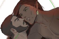 Rule 34 | 2boys, beard, black hair, brown hair, buzz cut, castlevania (series), castlevania: nocturne, close-up, couple, dark-skinned male, dark skin, earrings, eye contact, facial hair, foreplay, green eyes, half-closed eyes, head tilt, imminent kiss, jewelry, korwwa, long hair, looking at another, male focus, mature male, mizrak (castlevania), multiple boys, nude, olrox, pointy ears, short hair, single earring, thick eyebrows, thick mustache, toned, toned male, topless male, upper body, very short hair, yaoi