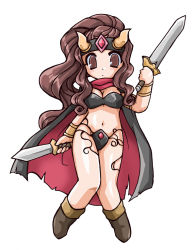 Rule 34 | 1girl, armor, bad id, bad pixiv id, bikini armor, breasts, brown eyes, brown hair, cape, cleavage, dual wielding, full body, headband, holding, horns, long hair, mirienu, mirienu (monster maker), monster maker, okuri ookami, ponytail, shoes, sidelocks, simple background, solo, sword, weapon, white background, wrist cuffs