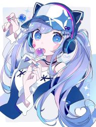 Rule 34 | + +, 1girl, animal ear headphones, animal ears, arm up, bandaid, bandaid on cheek, bandaid on face, bandaid on hand, baseball cap, blue eyes, blue hair, blue jacket, candy, cat ear headphones, cat ears, chon (chon33v), commentary request, cropped torso, fake animal ears, food, hair between eyes, hair ornament, hand up, hat, headphones, highres, holding, holding candy, holding food, holding lollipop, jacket, lollipop, long hair, long sleeves, looking at viewer, nail polish, open clothes, open jacket, original, parted lips, purple hair, purple nails, shirt, sleeves past wrists, solo, sparkle, twintails, upper body, very long hair, white hat, white shirt, x hair ornament