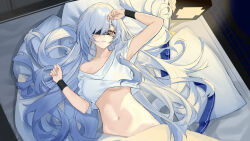 Rule 34 | 1girl, bare shoulders, bed, bed sheet, black blindfold, black wristband, blindfold, blue bow, bow, breasts, chinese commentary, clothes lift, collarbone, commentary request, from above, hair intakes, highres, honkai: star rail, honkai (series), jingliu (honkai: star rail), large breasts, long hair, looking at viewer, navel, one eye covered, parted lips, pillow, red eyes, shirt, shirt lift, solo, srpzk, stomach, under covers, underboob, unworn bow, very long hair, white hair, white shirt