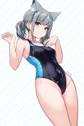 Rule 34 | 1girl, animal ear fluff, animal ears, bare shoulders, blue archive, blue eyes, blue one-piece swimsuit, breasts, collarbone, covered navel, cross hair ornament, extra ears, gendo0032, grey hair, hair ornament, highleg, highleg swimsuit, highres, looking at viewer, medium breasts, medium hair, multicolored clothes, multicolored swimsuit, official alternate costume, one-piece swimsuit, shiroko (blue archive), shiroko (swimsuit) (blue archive), short ponytail, sidelocks, solo, swimsuit, thighs, wolf ears