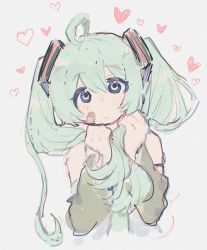Rule 34 | 1girl, ahoge, bandaid, bandaid on face, bare shoulders, closed mouth, detached sleeves, eyes visible through hair, green eyes, green hair, green neckwear, grey background, hatching (texture), hatsune miku, heart, highres, holding, holding hair, light green hair, long hair, mooosikasite, simple background, sketch, solo, twintails, upper body, vocaloid