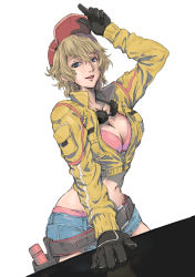Rule 34 | 10s, 1girl, adjusting clothes, adjusting headwear, baseball cap, belt pouch, black gloves, blonde hair, blue eyes, bra, breast pocket, breasts, cidney aurum, cleavage, collarbone, cowboy shot, cropped jacket, final fantasy, final fantasy xv, gloves, goggles, goggles around neck, groin, hat, jacket, koukaku, large breasts, looking at viewer, navel, parted lips, pink bra, pocket, pouch, short hair, short shorts, shorts, smile, solo, underwear, yellow jacket