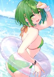 Rule 34 | 1girl, absurdres, arm up, ass, bare shoulders, bikini, blue sky, breasts, cloud, cloudy sky, cu-no, day, fingernails, green eyes, green hair, hair ornament, highres, hisen kaede, holding, innertube, jewelry, looking at viewer, looking back, nail polish, nonono futaba, ocean, open mouth, outdoors, scan, see-through, short hair, simple background, sky, small breasts, smile, solo, swim ring, swimsuit, thighs, water, water drop, wet