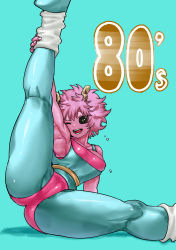 Rule 34 | 1girl, 80s, ashido mina, black sclera, boku no hero academia, breasts, cameltoe, cleft of venus, colored sclera, colored skin, covered erect nipples, curvy, green background, highres, horns, large breasts, leg up, looking at viewer, messy hair, oldschool, one eye closed, open mouth, pink hair, pink skin, retro artstyle, short hair, shosho oekaki, sitting, smile, solo, spread legs, thick thighs, thighs, tongue, yellow eyes