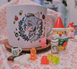 Rule 34 | 1boy, :q, animal ears, apple, avocado, blue eyes, blue hair, cat ears, closed mouth, cookie run, cup, ensemble stars!, food, fruit, gummy bear, hat, highres, laurels, looking at viewer, low ponytail, male focus, mini hat, mug, sapphire (nine), shiina niki, smile, solo, strawberry, sugar gnome, tomato, tongue, tongue out, unconventional media, white hat