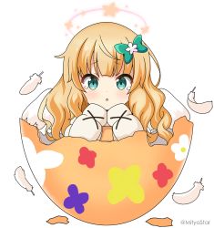 Rule 34 | 1girl, :o, blonde hair, blush, bow, broken egg, commentary request, egg, eggshell, feathered wings, feathers, flower, gochuumon wa usagi desu ka?, green bow, green eyes, hair bow, hair flower, hair ornament, halo, hands up, kirima syaro, long hair, looking at viewer, mitya, parted lips, simple background, solo, tears, white background, white feathers, white flower, white wings, wings