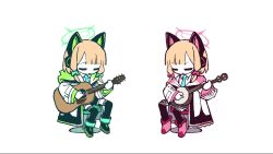 Rule 34 | &gt; &lt;, 2girls, animal ears, animated, audible music, banjo, blonde hair, blue archive, cat ears, chair, closed eyes, coat, deliverance (movie), dueling banjos, female focus, guitar, headgear, highres, humor, instrument, midori (blue archive), momoi (blue archive), multiple girls, music, music video, odayaka, odyk p, pale skin, playing instrument, short hair, sidelocks, sitting, sound, video, white background, white coat