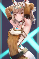 Rule 34 | 1girl, animal ear fluff, animal ears, armpits, arms up, breasts, brown eyes, brown hair, cat ears, chest jewel, closed mouth, commentary, detached sleeves, dress, english commentary, gem, gloves, highres, leonmandala, looking at viewer, nia (blade) (xenoblade), nia (xenoblade), official alternate costume, short hair, small breasts, solo, two-tone dress, white dress, white gloves, xenoblade chronicles (series), xenoblade chronicles 3, yellow dress, yellow sleeves