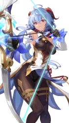 Rule 34 | absurdres, ahoge, bare shoulders, bell, black gloves, blue hair, bow (weapon), breasts, detached sleeves, ganyu (genshin impact), genshin impact, gloves, gold trim, highres, horns, ko-ma, long hair, medium breasts, neck bell, purple eyes, sidelocks, solo, weapon, white sleeves