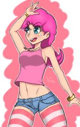 Rule 34 | 1girl, blue eyes, bracelet, curly hair, denim, flcl-prinny, jeans, jewelry, long hair, midriff, my little pony, my little pony: friendship is magic, necklace, pants, personification, pink hair, pinkie pie, shorts, signature, smile, solo, striped clothes, striped thighhighs, tattoo, thighhighs, waving