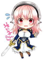 Rule 34 | 1girl, artoria pendragon (all), artoria pendragon (fate), blush, breasts, chibi, cleavage, cosplay, dress, fate/stay night, fate (series), female focus, full body, gradient background, headphones, large breasts, long hair, nitroplus, open mouth, pink eyes, pink hair, ryokuya, saber (fate), saber (fate) (cosplay), solo, super sonico, sword, weapon, white background