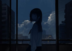 1girl absurdres black_hair blue_sky blue_theme building cable closed_mouth cloud cumulonimbus_cloud film_grain highres looking_at_viewer medium_hair original school_uniform serafuku skirt sky solo standing turning_around turning_head utility_pole water_drop window yeyuanqianqianqian