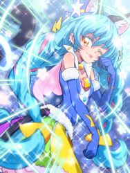 Rule 34 | 1girl, ;p, animal ears, aqua hair, braid, brown eyes, cat ears, cure cosmo, elbow gloves, gloves, one eye closed, precure, solo, star twinkle precure, tj-type1, tongue, tongue out, twin braids