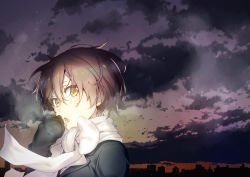 Rule 34 | 1girl, breath, brown hair, city, cloud, nilitsu, open mouth, original, scarf, short hair, skyline, sleeves past wrists, solo, yellow eyes