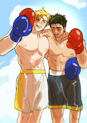 Rule 34 | 2boys, abs, ao isami, bara, black hair, blonde hair, blush, boxing gloves, bruise, bruised eye, couple, facial hair, feet out of frame, highres, ice nomu, injury, large pectorals, leaning on person, lewis smith, male focus, medium sideburns, multiple boys, muscular, muscular male, nipples, official alternate costume, pectorals, sideburns stubble, stubble, thick eyebrows, topless male, wrestling outfit, yaoi, yuuki bakuhatsu bang bravern