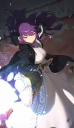 Rule 34 | 1girl, absurdres, alaskastomatoez, black robe, blunt bangs, breasts, closed mouth, dress, fern (sousou no frieren), foreshortening, hair lift, highres, holding, holding staff, large breasts, mage staff, magic, purple eyes, purple hair, purple pupils, robe, solo, sousou no frieren, staff, straight hair, white dress