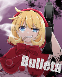 Rule 34 | 1girl, blonde hair, blue eyes, bulleta, capelet, cigarette, commentary request, highres, holding, holding weapon, looking at viewer, medium hair, red capelet, red hood, smoking, solo, upper body, vampire (game), weapon, yamamori uniko