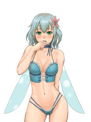 Rule 34 | 10s, 1girl, absurdres, amagi brilliant park, arm behind back, bare shoulders, biting, blue hair, blush, breasts, choker, cleavage, corset, finger biting, flower, green eyes, hair flower, hair ornament, highres, lasterk, looking at viewer, muse (amaburi), navel, open mouth, short hair, simple background, skindentation, solo, white background, wings