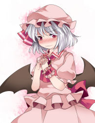 Rule 34 | 1girl, ascot, bad id, bad pixiv id, bat wings, blush, bow, brooch, commentary request, embarrassed, hammer (sunset beach), own hands clasped, hat, jewelry, own hands together, red eyes, remilia scarlet, short hair, silver hair, skirt, skirt set, solo, touhou, wavy mouth, wings