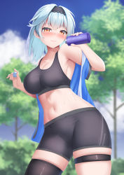 Rule 34 | 1girl, alternate costume, bare shoulders, black hairband, black shorts, black thighhighs, blue hair, blue shirt, blue sky, blurry, blurry background, blush, breasts, cleavage, cloud, collarbone, commentary request, cowboy shot, crop top, day, eula (genshin impact), genshin impact, hairband, hand up, highres, holding, large breasts, looking at viewer, medium hair, midriff, navel, off shoulder, open clothes, open shirt, orange eyes, partial commentary, shirt, short shorts, shorts, single thighhigh, skindentation, sky, smile, solo, sports bra, standing, stomach, tatsumiya kagari, thigh strap, thighhighs, thighs, tree