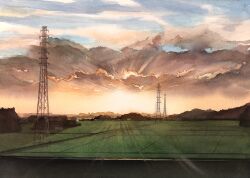 Rule 34 | cloud, cloudy sky, day, highres, light rays, morning, nature, no humans, orange sky, original, outdoors, painting (medium), power lines, scenery, shadow, sky, sunlight, sunrise, tlctm7h8wdwnthx, traditional media, transmission tower
