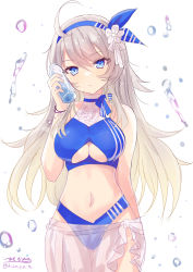 Rule 34 | 1girl, absurdres, ahoge, bikini, blue bikini, breasts, cleavage, cleavage cutout, closed mouth, clothing cutout, cowboy shot, flower, grey eyes, grey hair, hair between eyes, hair flower, hair ornament, headband, highres, hizaka, kantai collection, large breasts, long hair, looking at viewer, official alternate costume, ramune, sarong, signature, solo, spiked hair, swimsuit, twitter username, two-tone bikini, underboob, underboob cutout, washington (kancolle), water drop, white background, white bikini