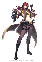 Rule 34 | 1boy, alternate costume, belt, boots, chaos online, company name, copyright name, dual wielding, full body, gun, handgun, highres, holding, long hair, looking at viewer, love cacao, male focus, official art, parted lips, purple eyes, red hair, simple background, solo, standing, sunglasses, weapon, white background, zerdin