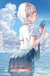 Rule 34 | 1girl, ass, blue eyes, blue sky, bottle, cloud, cloudy sky, cowboy shot, from side, grey hair, grin, hair between eyes, hair over one eye, head tilt, highres, holding, holding bottle, looking at viewer, necktie, ocean, original, outdoors, partially submerged, pleated skirt, school uniform, shio kouji (shiokojii), shirt, short hair with long locks, short sleeves, skirt, sky, smile, solo, teeth, wading, water bottle, wet, wet clothes, white shirt