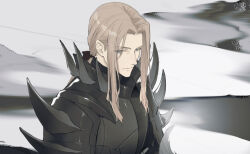 Rule 34 | 1boy, abstract background, armor, black armor, blonde hair, blue eyes, cha (fvaw7353), closed mouth, expressionless, fire emblem, fire emblem: three houses, highres, jeritza von hrym, long hair, looking at viewer, low ponytail, male focus, nintendo, parted bangs, shoulder spikes, sidelocks, solo, spikes, upper body, white background