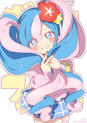 Rule 34 | 1girl, absurdres, blue eyes, blue hair, blue skirt, blush, commentary, creatures (company), fairy miku (project voltage), flower, game freak, hair flower, hair ornament, hands up, hatsune miku, highres, holding, holding own hair, long sleeves, looking at viewer, multicolored hair, nail polish, nintendo, outline, pink eyes, pink hair, pink shirt, pleated skirt, pokemon, project voltage, puffy long sleeves, puffy sleeves, purple nails, red flower, shirt, signature, simple background, skirt, sleeves past wrists, smile, sofra, solo, text background, thigh gap, twintails, twitter username, two-tone hair, v, v-shaped eyebrows, vocaloid, white background, white outline, yellow flower