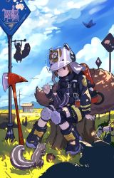 Rule 34 | 1girl, animal ears, arknights, axe, backpack, bag, blue sky, boots, fake animal ears, fire axe, fire extinguisher, firefighter, fluffy, helmet, highres, jacket, knee pads, nature, road, road sign, ruru-chan, shaw (arknights), sign, sky, smile, squirrel, squirrel tail, tail, tree stump