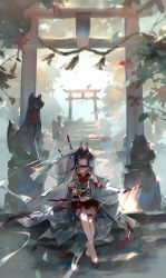 Rule 34 | 1girl, absurdres, aether gazer, belt collar, black hair, branch, breasts, bridal veil, chinese commentary, collar, commentary request, detached sleeves, feet, full body, haixianbai, hand on lap, highres, holding, holding sword, holding weapon, horned mask, horns, japanese clothes, kimono, large breasts, long hair, looking at viewer, mask, red eyes, ribbon, short hair, shrine, sitting, sitting on stairs, solo, stairs, statue, sword, thigh strap, thighs, torii, tree, tsukuyomi (aether gazer), uchikake, veil, weapon, weapon on back