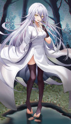 Rule 34 | 1girl, breasts, bridal gauntlets, bridal legwear, brown legwear, commentary, commission, day, dress, english commentary, full body, grey hair, hair between eyes, highres, lloule, long hair, long sleeves, medium breasts, original, outdoors, pixiv commission, puddle, reflection, sleeves past fingers, sleeves past wrists, solo, toes, tree, very long hair, water, white dress, wide sleeves, yellow eyes