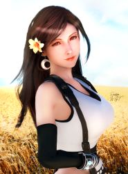 Rule 34 | 1girl, 3d, artist request, bare shoulders, black hair, bracelet, breasts, crescent, crescent earrings, crescent moon, crop top, detached sleeves, earrings, field, final fantasy, final fantasy vii, final fantasy vii remake, fingerless gloves, flower, flower field, gloves, hair flower, hair ornament, jewelry, large breasts, long hair, looking at viewer, midriff, moon, raidenwgt, red eyes, red lips, skirt, solo, square enix, suspender skirt, suspenders, tank top, tifa lockhart, upper body, white tank top