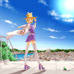 Rule 34 | 1girl, aged up, blonde hair, blue eyes, circle a, cityscape, cloud, contemporary, day, female focus, frog, hand on headwear, hat, highres, legs, lens flare, looking back, moriya suwako, shoes, short hair, sky, sneakers, solo, thighhighs, touhou, white thighhighs, wristband