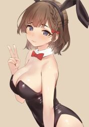 Rule 34 | 1girl, :3, alternate costume, animal ears, asahi (kancolle), black leotard, bow, bowtie, breasts, brown hair, cleavage, cowboy shot, detached collar, grey eyes, hair ribbon, kantai collection, leotard, medium breasts, mole, mole under mouth, pink background, playboy bunny, rabbit ears, red bow, red bowtie, ribbon, sakieko, short hair, simple background, solo, strapless, strapless leotard, v
