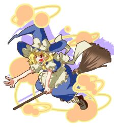 Rule 34 | 1girl, :d, apron, black footwear, blonde hair, blue hat, blue skirt, blue vest, blush, bow, braid, broom, broom riding, brown eyes, commentary request, drop shadow, flat chest, frilled skirt, frills, full body, hair between eyes, hair bow, hat, hat bow, iwaserie, kirisame marisa, long hair, looking afar, one-hour drawing challenge, open mouth, puffy short sleeves, puffy sleeves, reaching, shirt, shoes, short sleeves, single braid, skirt, skirt set, smile, socks, solo, touhou, v-shaped eyebrows, vest, waist apron, white apron, white background, white bow, white shirt, white socks, witch hat