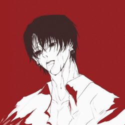 Rule 34 | 1boy, black eyes, black hair, blood, blood on face, chrollo lucilfer, collarbone, cross tattoo, earrings, expressionless, facial mark, facial tattoo, forehead mark, forehead tattoo, hair between eyes, highres, hunter x hunter, jewelry, male focus, red background, shirt, short hair, simple background, solo, tattoo, tif o, white shirt