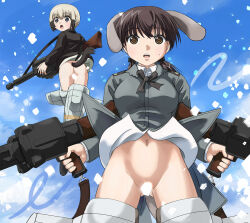 Rule 34 | 2girls, animal ears, ass, blonde hair, blue eyes, blush, breasts, brown eyes, butt crack, dog ears, dog tail, erica hartmann, flying, gertrud barkhorn, gun, hosoinogarou, large breasts, military, military uniform, multiple girls, navel, open mouth, outdoors, rifle, short hair, sky, strike witches, tail, uniform, weapon, world witches series