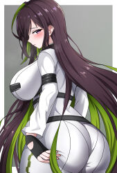 Rule 34 | 1girl, artist request, ass, ass focus, ass grab, black hair, blush, bodysuit, breasts, deep skin, embarrassed, fingerless gloves, from behind, gloves, goddess of victory: nikke, green hair, guilty (nikke), highres, huge ass, large breasts, long hair, looking at viewer, multicolored hair, purple eyes, sideboob, skin tight, solo, straitjacket, two-tone hair, very long hair