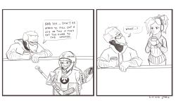Rule 34 | 1boy, 2girls, child, clothes writing, coffee, comic, d.va (overwatch), earmuffs, english text, facial mark, fatherly, gloves, goalkeeper, greyscale, helmet, high ponytail, hockey, hockey mask, hockey stick, hood, hoodie, jersey, mask, mercy (overwatch), monochrome, mouth mask, multiple girls, overwatch, overwatch 1, rabbit, short hair, sleeves rolled up, smirk, soldier: 76 (overwatch), sweater, visor, aged down