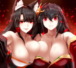 Rule 34 | 2girls, absurdres, ahoge, akagi (azur lane), animal ears, armpit peek, asymmetrical docking, azur lane, bare shoulders, black hair, black kimono, blunt bangs, blush, breast press, breasts, cleavage, collarbone, commentary request, eyeliner, eyeshadow, female focus, fox ears, hair between eyes, hair ornament, highres, japanese clothes, kimono, kitsune, large breasts, long hair, looking at viewer, makeup, minarai tenna, multiple girls, off shoulder, open mouth, parted lips, red eyes, revision, side-by-side, smile, taihou (azur lane), trait connection, upper body, wide sleeves, yandere